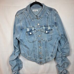 Irregular Exposure Denim Jacket Women's XXL Light Wash Ruched Sleeve Tie Crop